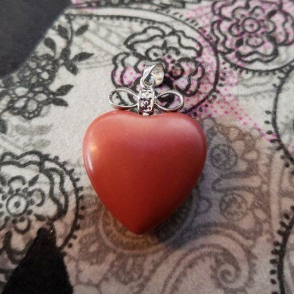 Vintage Red Heart Pendant with Silver Tone Bow 0.75" Wide - No Chain Included